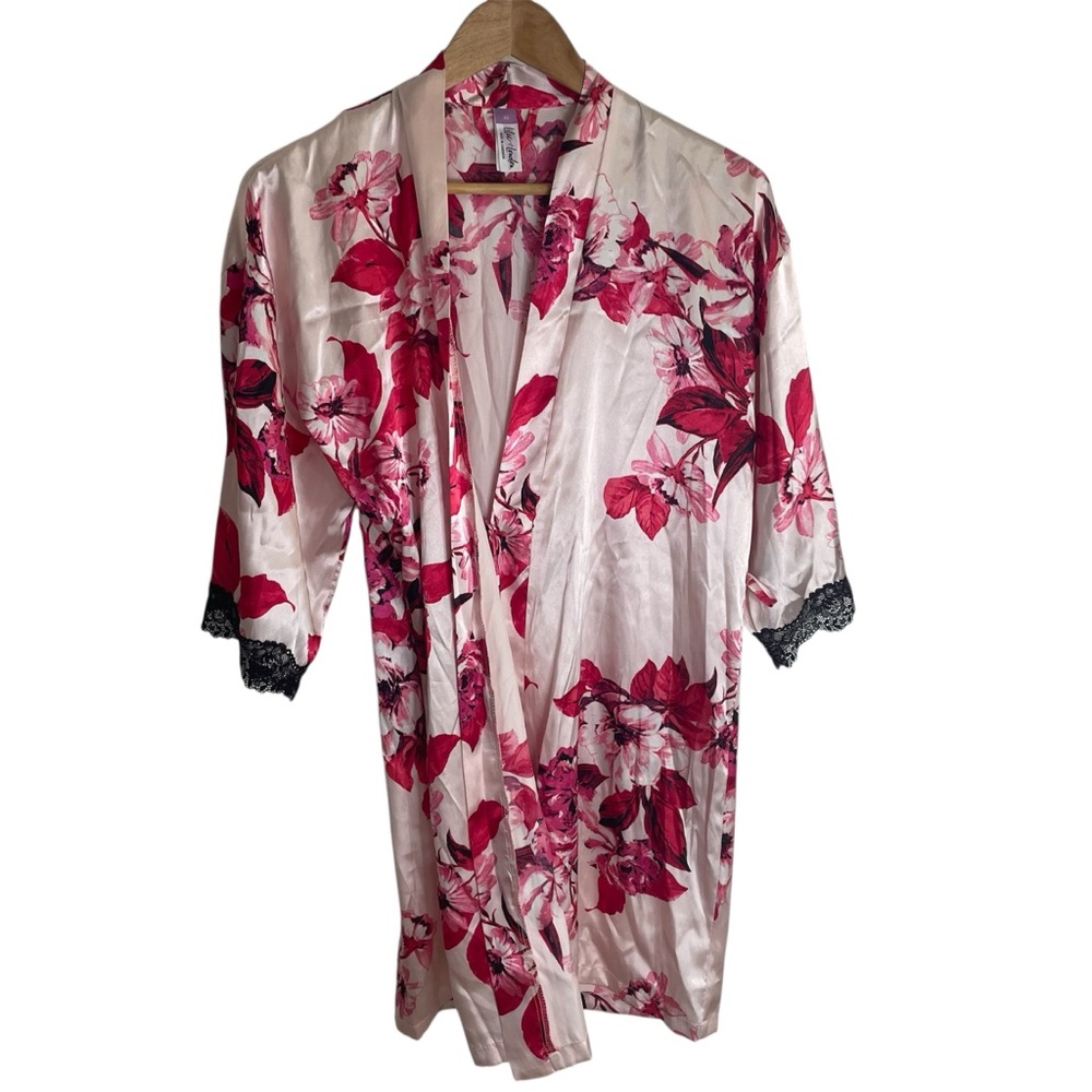 Lilac & London Floral Satin Kimono Robe - Pink and Black Size XS artsy goth